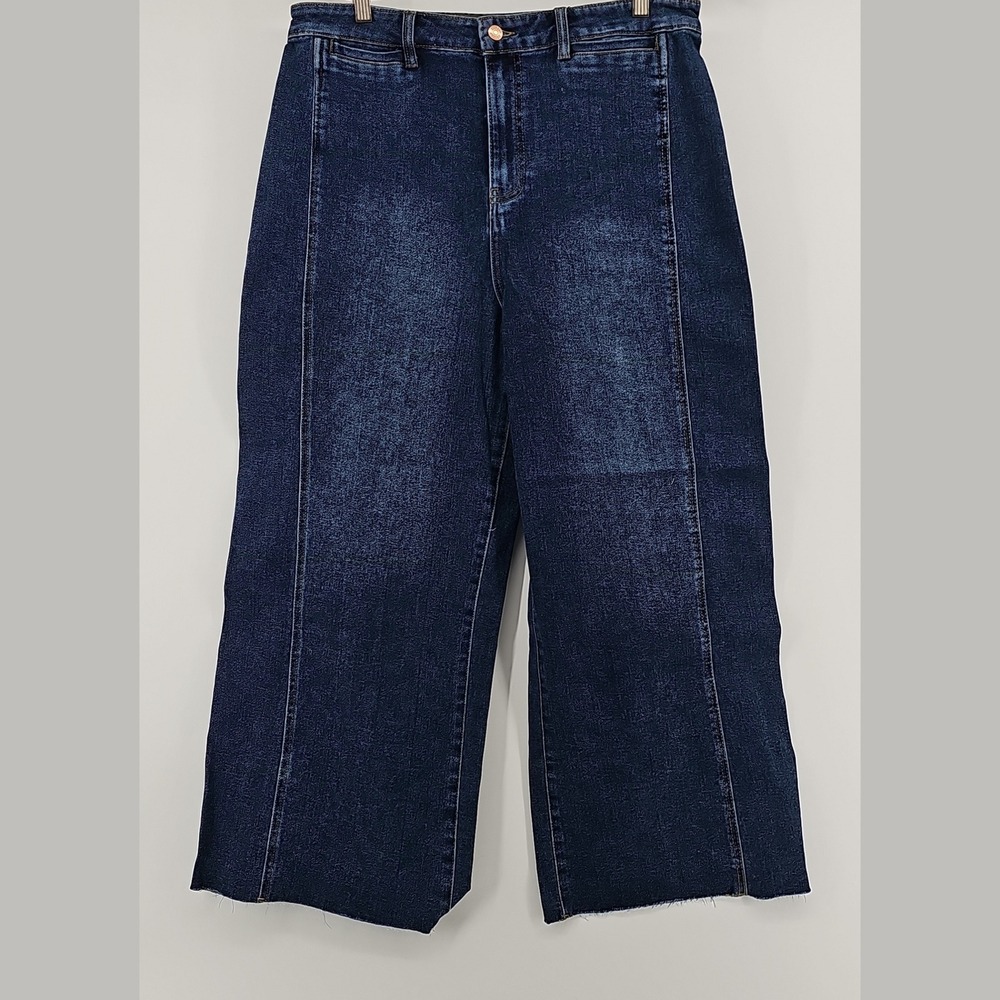 Express Womens Wide Leg Jeans Dark Wash Blue Size 16 High Rise Raw Hem Front